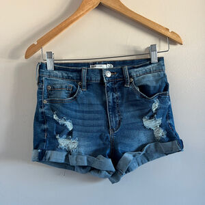Garage | Denim Blue High-Rise Distressed Denim Shorts